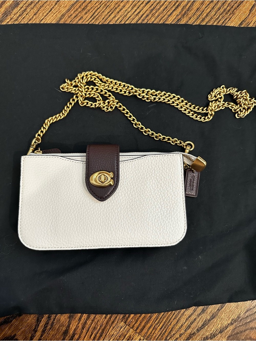 Coach White Pebbled Leather Crossbody with Dark Brown Trim & Gold Chain Strap